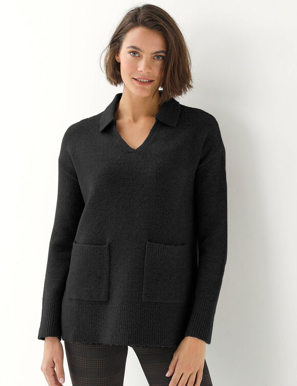Pull tunique &agrave; col V style polo, maille moelleuse (noir)