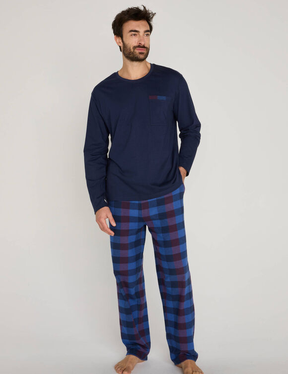 Pyjama bi-mati&egrave;re jersey et flanelle gratt&eacute;e (bleu / bordeaux)