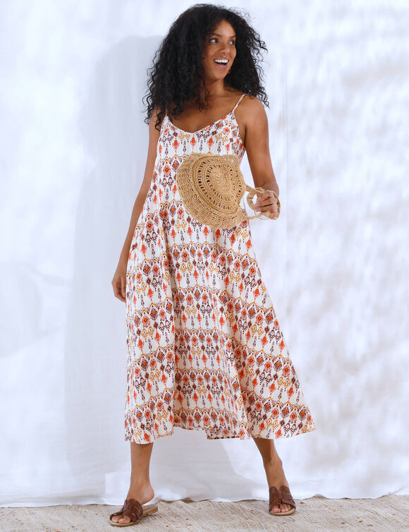 Robe longue &agrave; fines bretelles, imprim&eacute; fantaisie (&eacute;cru / multicolore)