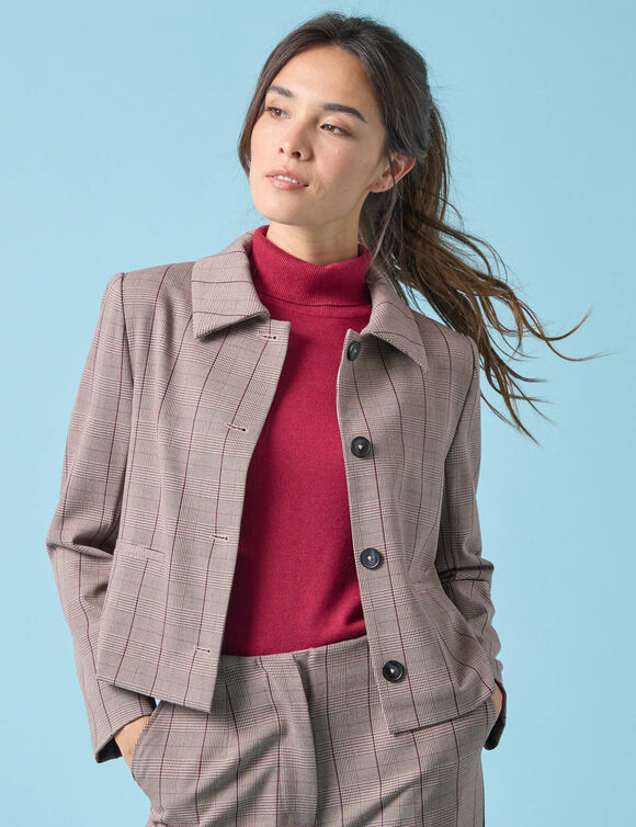 Veste blazer courte imprimée carreaux, Spécial Petites (chocolat)