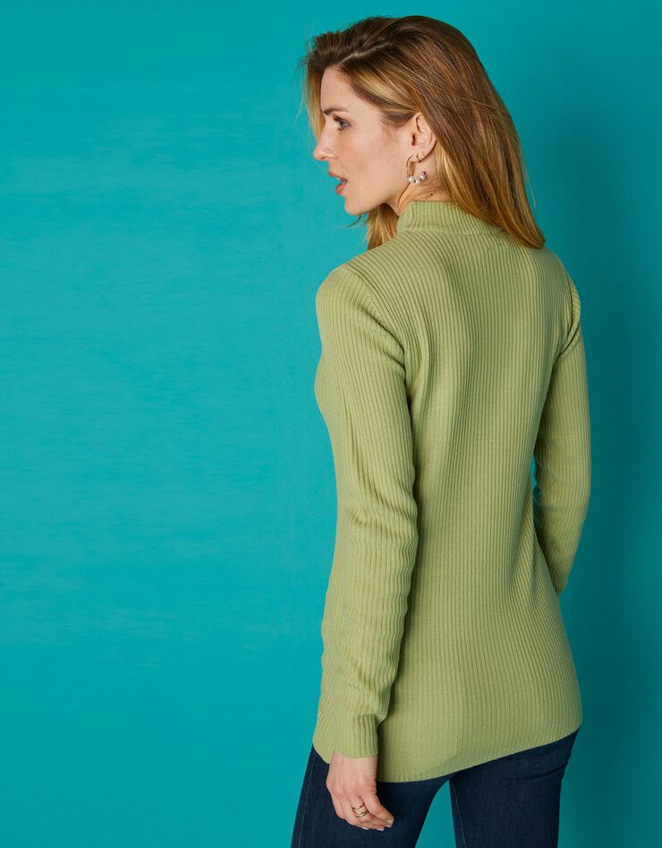 Pull col montant long, maille côtelée (vert amande) Pull col montant long, maille côtelée (vert amande)