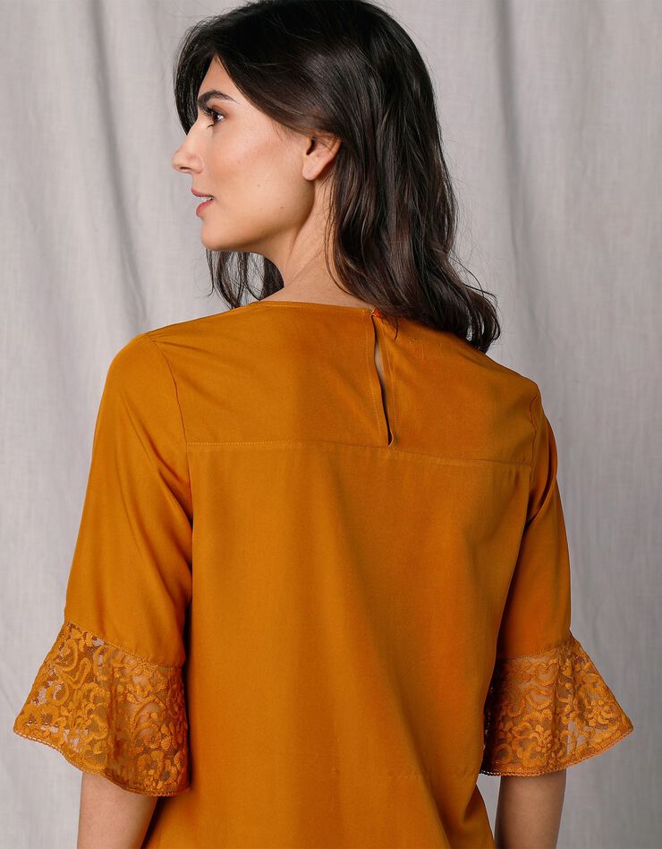 Blouse manches aux coudes dentelle et microfibre (ocre) Blouse manches aux coudes dentelle et microfibre (ocre)