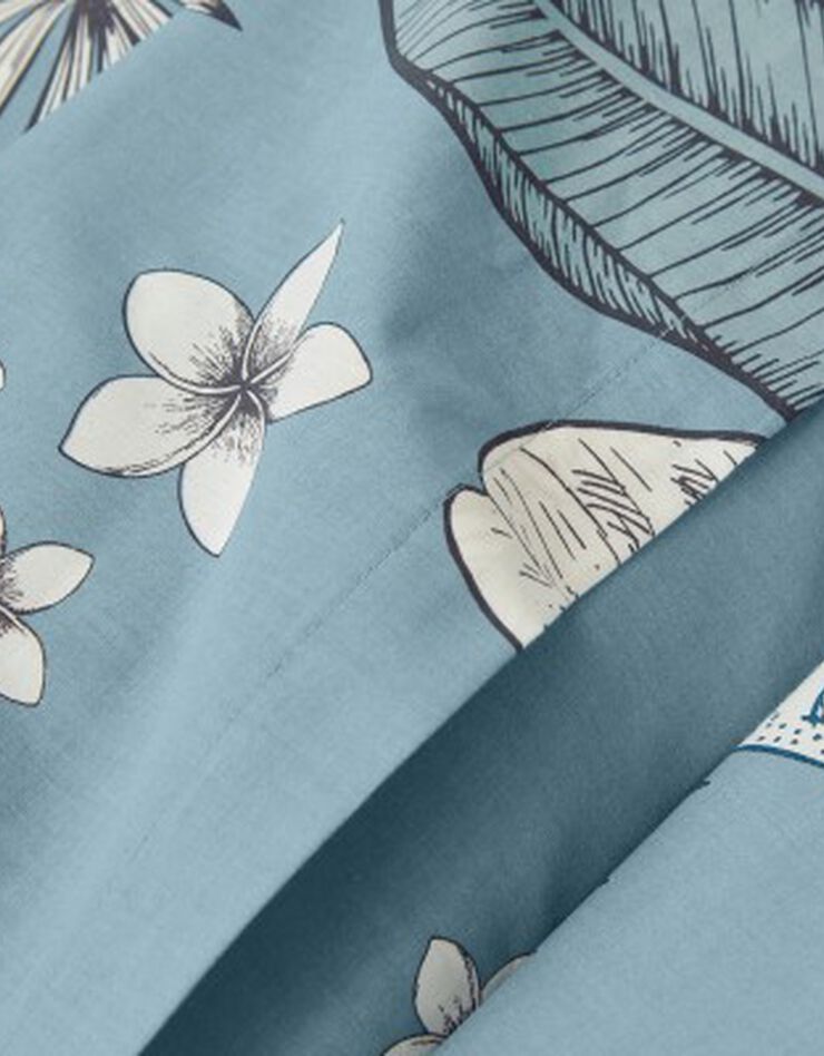Linge de lit Elyse en coton imprimé fleurs et feuilles de palmes (bleu)