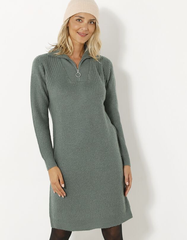 Robe pull col zippé, maille anglaise (kaki)