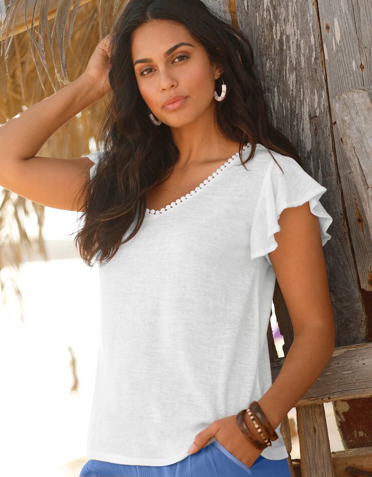 Tee-shirt effet lin macramé dos (blanc) Tee-shirt effet lin macramé dos (blanc)