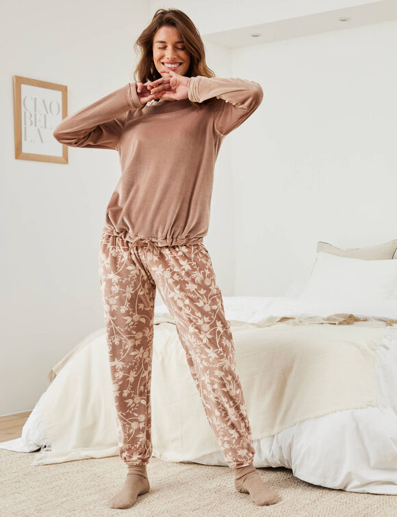 Pyjama velours imprimé fleuri (taupe)