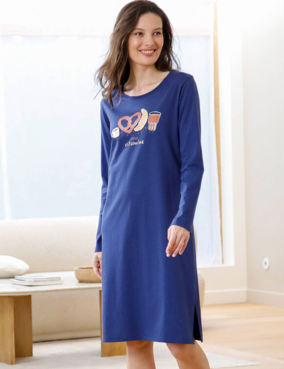 Chemise de nuit courte &agrave; manches longues, imprim&eacute; "petit d&eacute;j'euner" (marine)