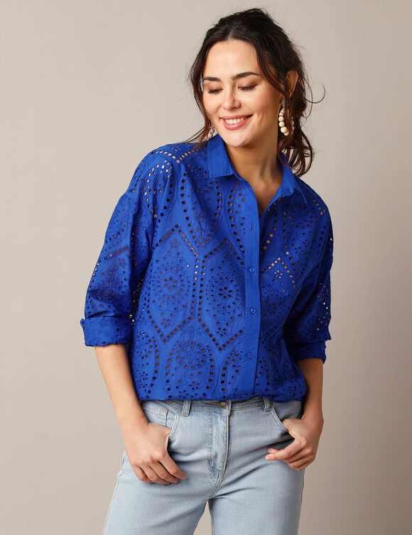 Chemisier broderie anglaise, manches longues (bleu)