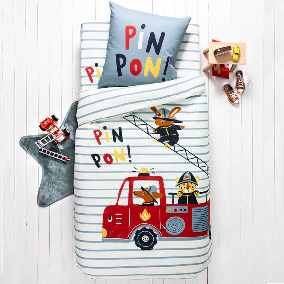Linge de lit enfant à motifs Pompiers en coton (bleu ciel)