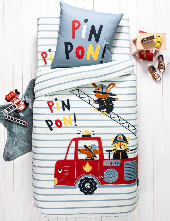 Linge de lit enfant à motifs Pompiers en coton (bleu ciel)