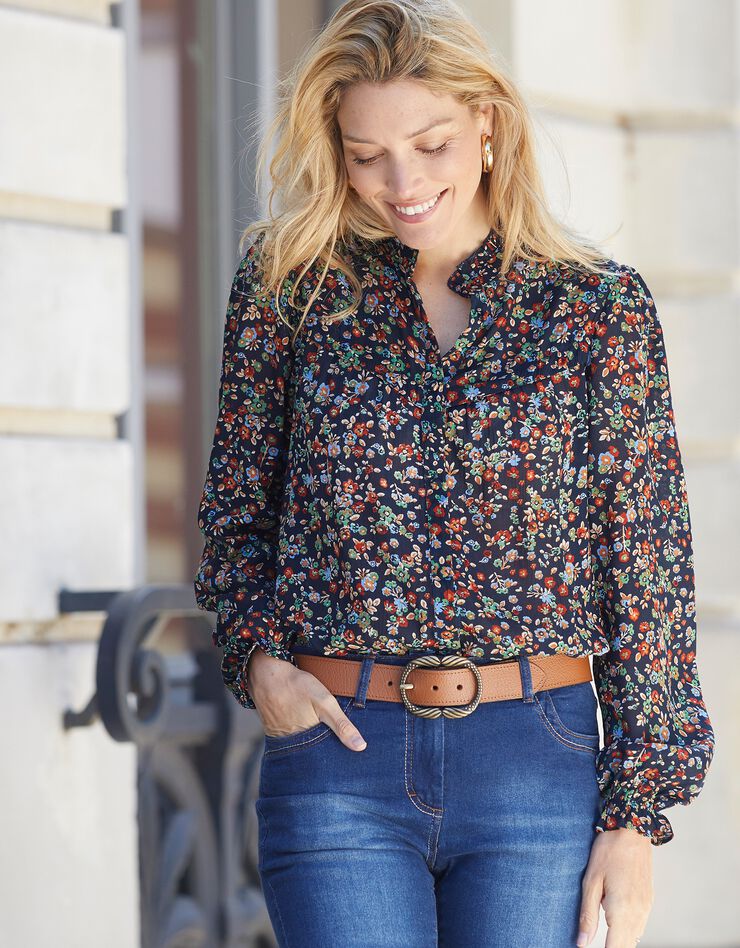 Blouse volantée imprimée, crépon (marine / vert) Blouse volantée imprimée, crépon (marine / vert)