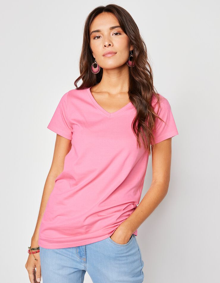 Tee-shirt col V uni manches courtes coton (rose) Tee-shirt col V uni manches courtes coton (rose)