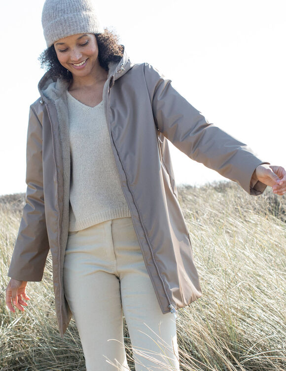Parka imperm&eacute;able fourr&eacute;e, mi-longue (taupe)