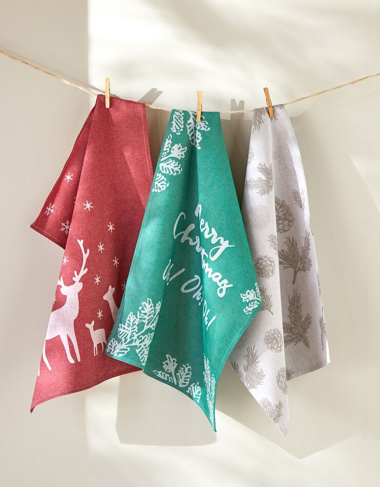 Torchon jacquard de Noël - lot de 3 (rouge / vert)