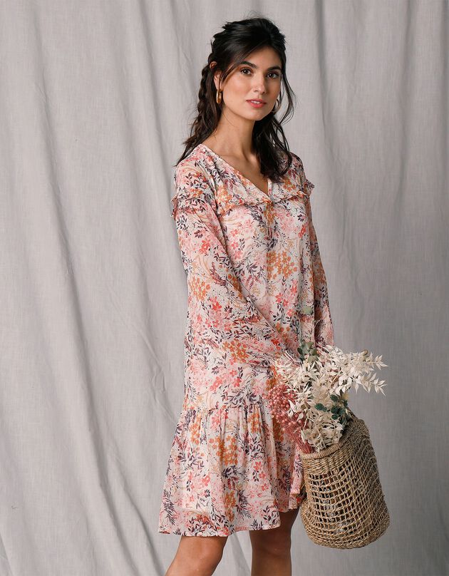 Robe volantée manches longues voile imprimé (écru / corail) Robe volantée manches longues voile imprimé (écru / corail)