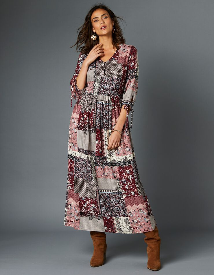 Robe longue imprimé patchwork col V (bois de rose / gris) Robe longue imprimé patchwork col V (bois de rose / gris)