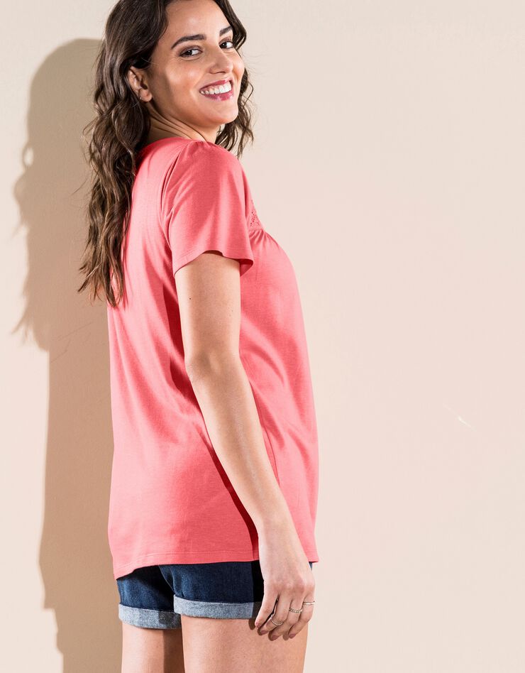 Tee-shirt macramé col carré - uni (corail) Tee-shirt macramé col carré - uni (corail)