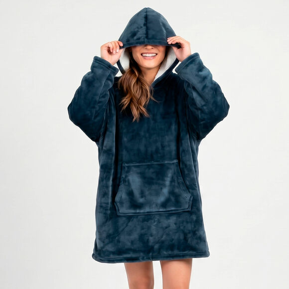Plaid-sweat polaire &agrave; capuche doubl&eacute; sherpa (bleu gris&eacute;)