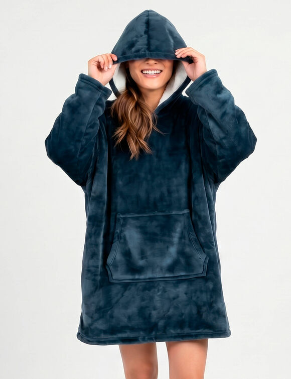 Plaid-sweat polaire &agrave; capuche doubl&eacute; sherpa (bleu gris&eacute;)