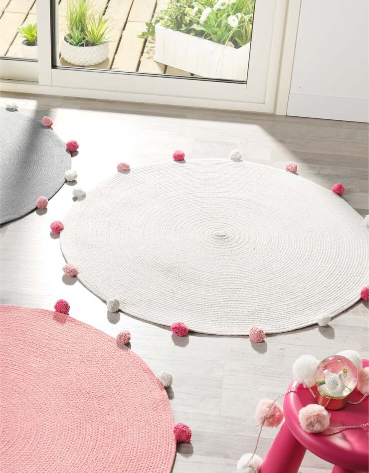 Tapis finition pompons - rond (blanc/rose) Tapis finition pompons - rond (blanc/rose)