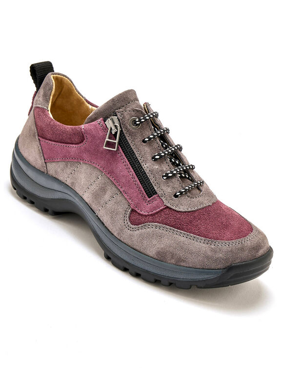 Baskets de randonn&eacute;e en cuir  zipp&eacute;es et lac&eacute;es, grande largeur  (gris / rose)