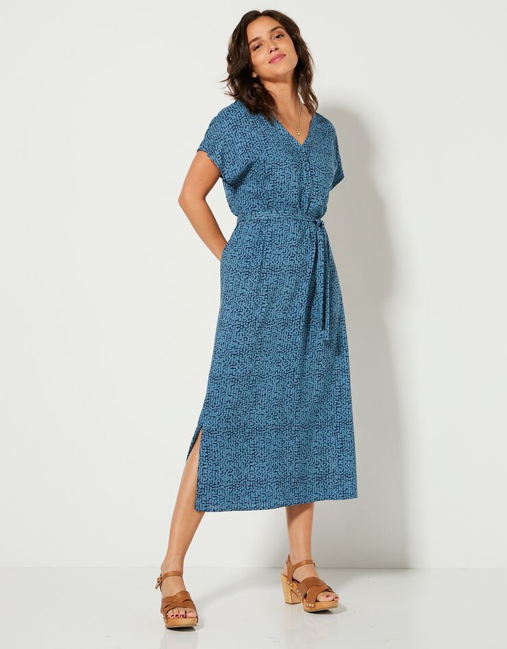 Robe droite longue fluide manches courtes, imprimé (bleu / marine)