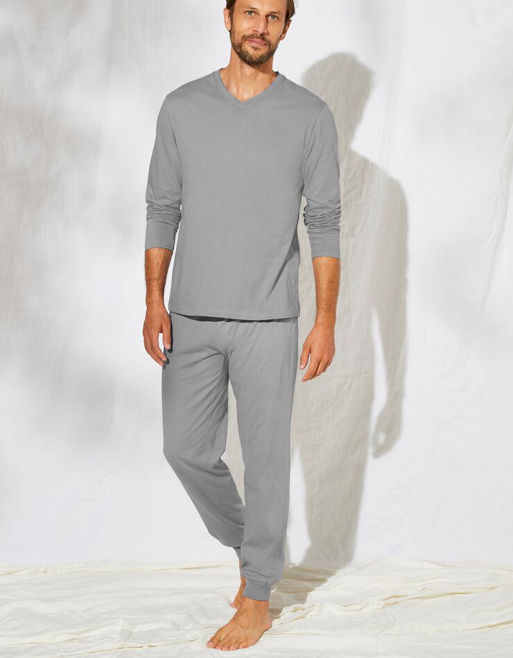 Pyjama uni col V coton - lot de 2 (gris + marine) Pyjama uni col V coton - lot de 2 (gris + marine)