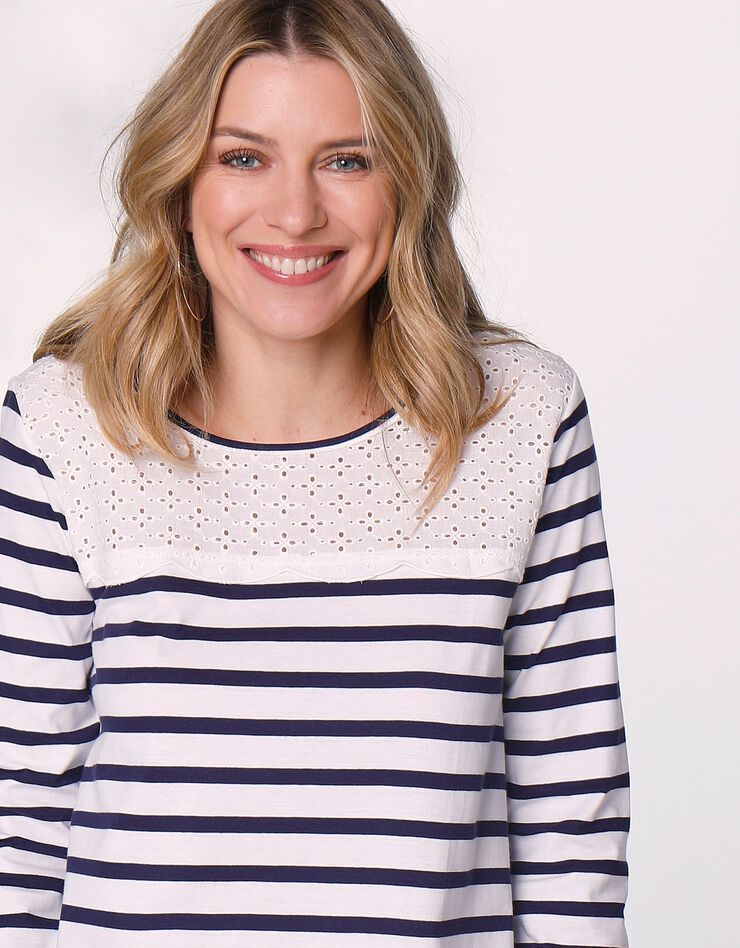 Tee-shirt rayé manches longues, empiècement broderie anglaise (blanc / marine) Tee-shirt rayé manches longues, empiècement broderie anglaise (blanc / marine)