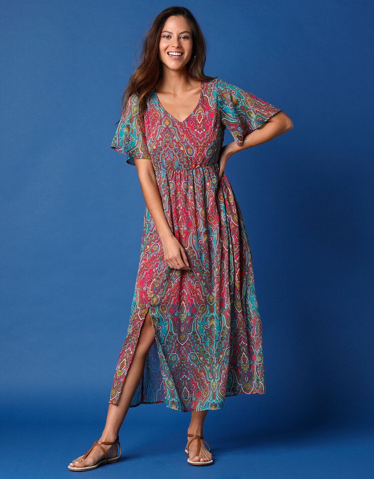 Robe longue en voile imprimé (aqua / rose)