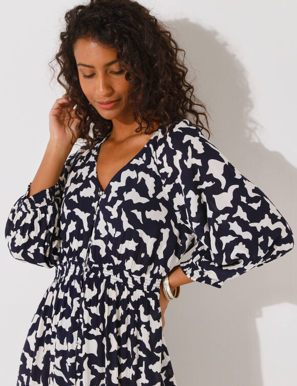 Robe longue boutonnée, crépon, imprimé graphique (marine / écru)
