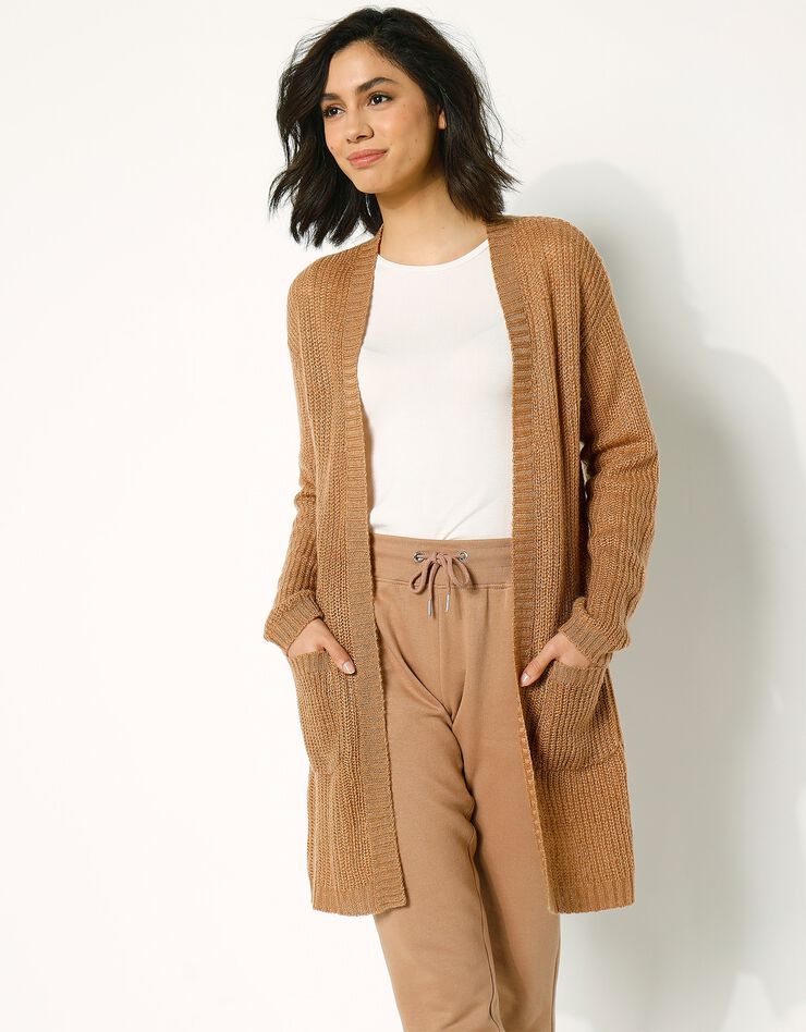Gilet long maille anglaise, col châle (caramel) Gilet long maille anglaise, col châle (caramel)