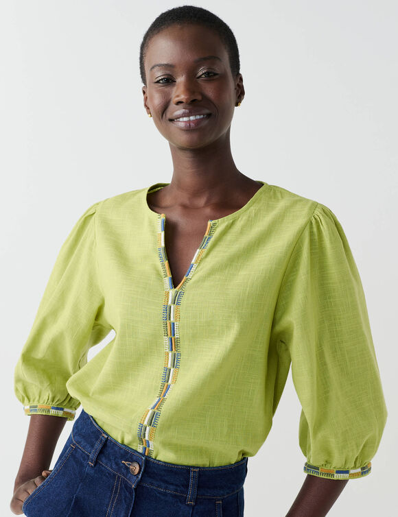 Blouse brod&eacute;e en coton unie, manches 3/4 (anis)