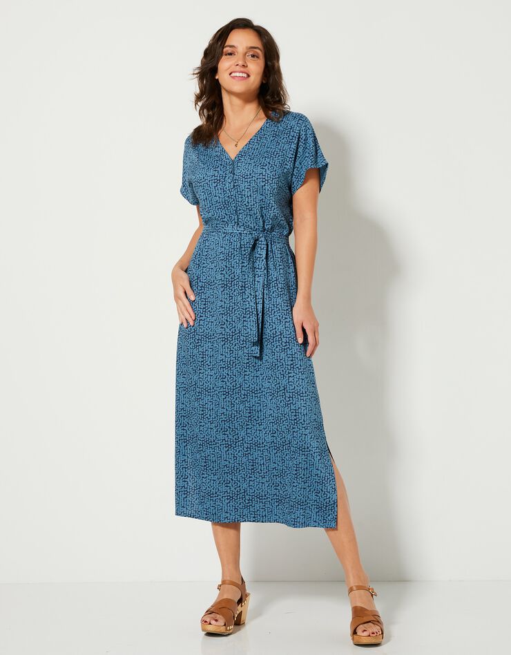 Robe droite longue fluide manches courtes, imprimé (bleu / marine)