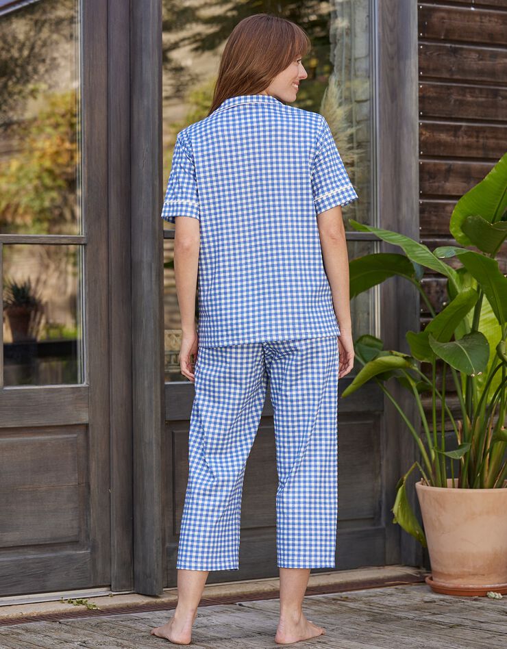 Pyjama pantalon court imprimé carreaux - col tailleur (bleu)
