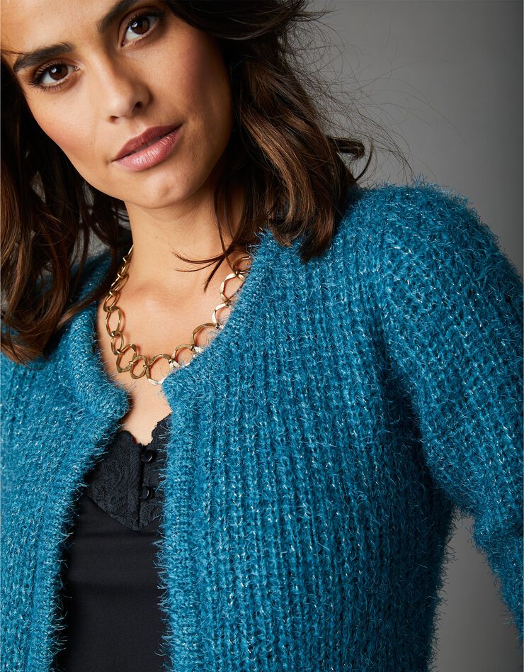 Gilet forme paletot en maille perlée (bleu) Gilet forme paletot en maille perlée (bleu)