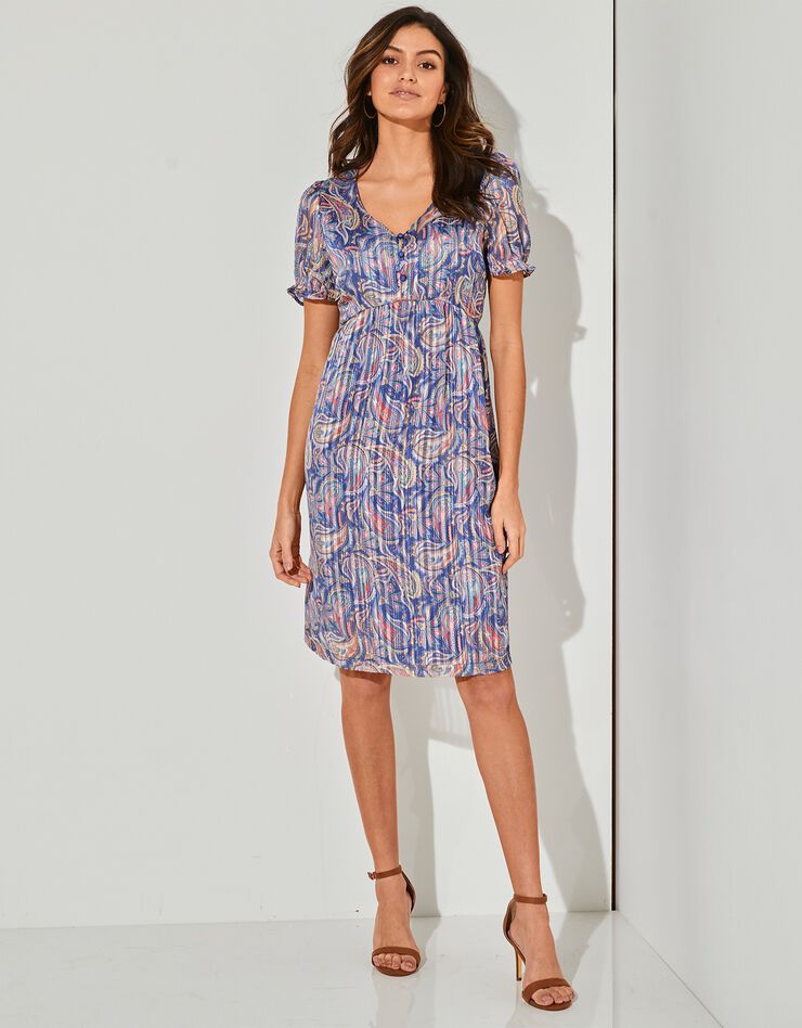 Robe courte imprimé cachemire, voile et fils et brillants (bleu / rose) Robe courte imprimé cachemire, voile et fils et brillants (bleu / rose)
