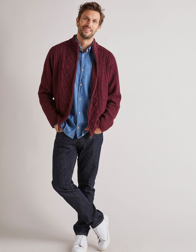 Gilet zippé maille irlandaise (bordeaux chiné)