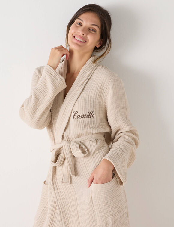 Peignoir col ch&acirc;le mixte triple gaze de coton Colombine&reg;, personnalisable (sable)