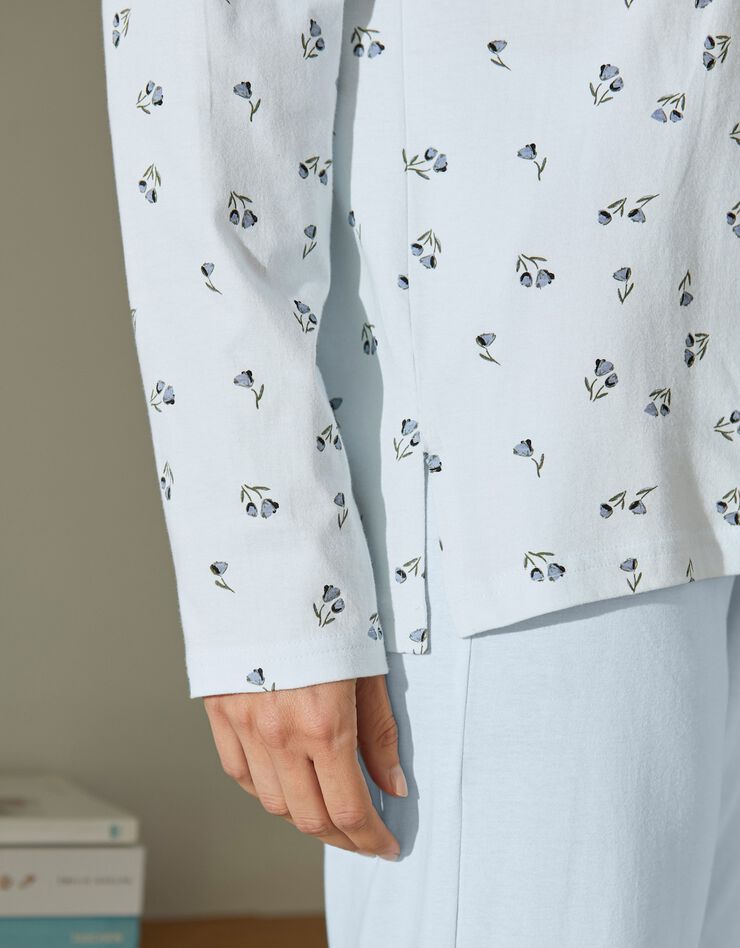 Pyjama imprimé "tulipes" col tailleur manches longues (ciel)