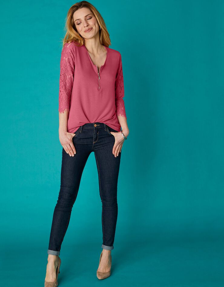 Tee-shirt col zippé manches 3/4 dentelle jersey (bois de rose) Tee-shirt col zippé manches 3/4 dentelle jersey (bois de rose)
