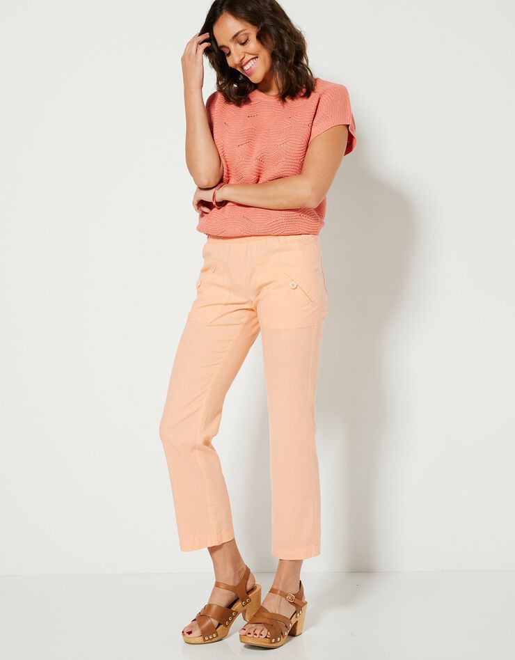 Pantalon coupe droite 7/8ème taille élastiquée, lin coton (pêche) Pantalon coupe droite 7/8ème taille élastiquée, lin coton (pêche)