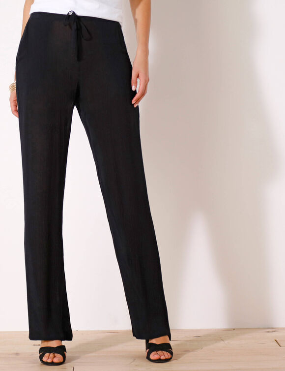 Pantalon large droit, crépon fluide (noir)