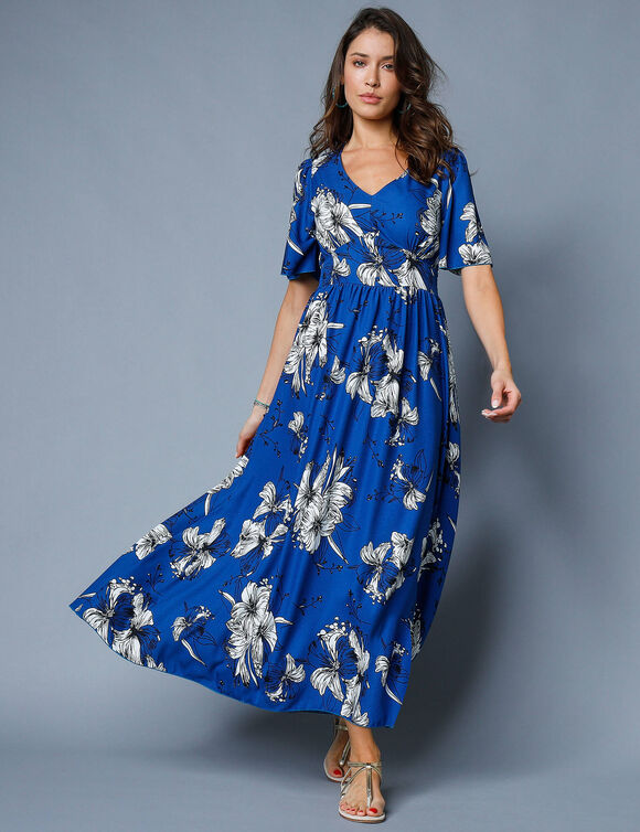 Robe longue imprimée, manches évasées  (bleu)