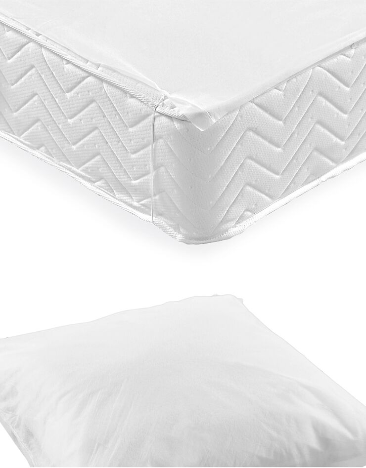 Kit jetable 1 ou 2 personnes : protège-oreillers + protège-matelas forme plateau - lot de 10 (blanc)