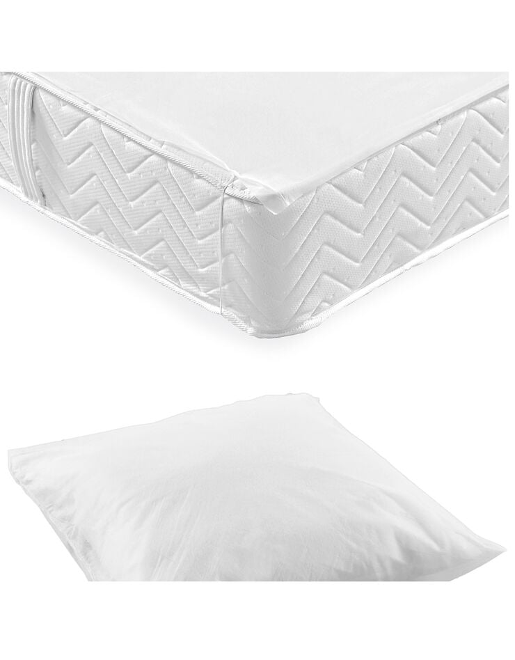 Kit jetable 1 ou 2 personnes : protège-oreillers + protège-matelas forme plateau - lot de 10 (blanc)