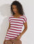 T-shirt col rond rayé, tissé teint (blanc / framboise)