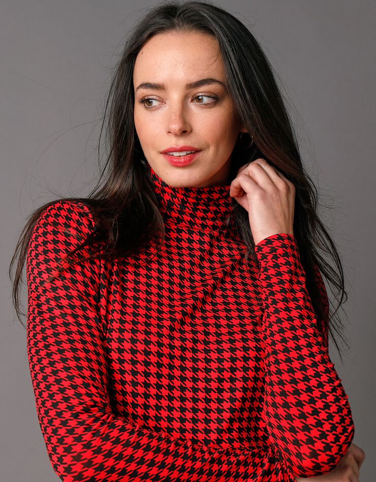 Sous-pull col montant imprimé pied-de-poule, stretch (noir / rouge)