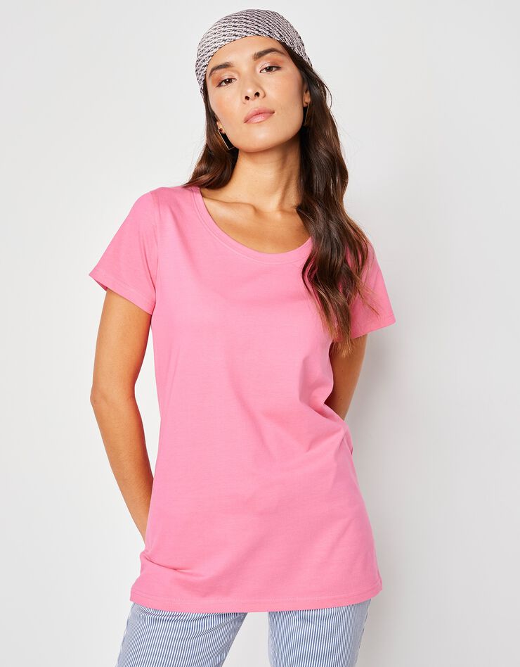 Tee-shirt col rond manches courtes uni coton (rose) Tee-shirt col rond manches courtes uni coton (rose)
