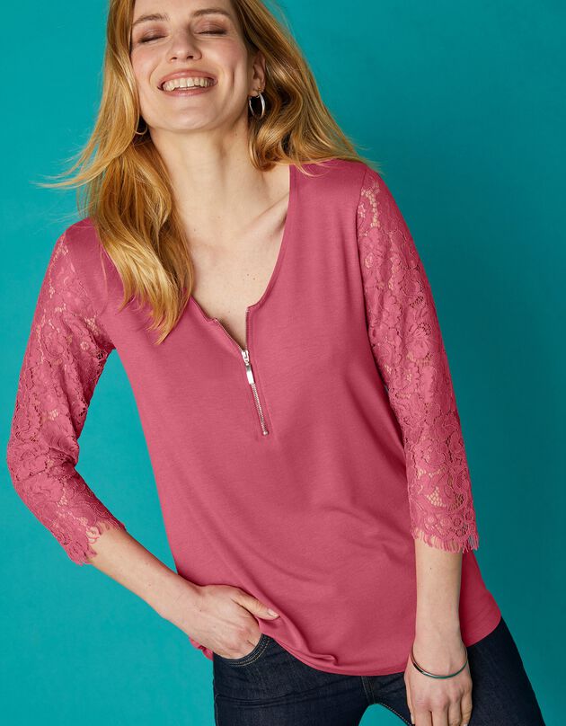 Tee-shirt col zippé manches 3/4 dentelle jersey (bois de rose)