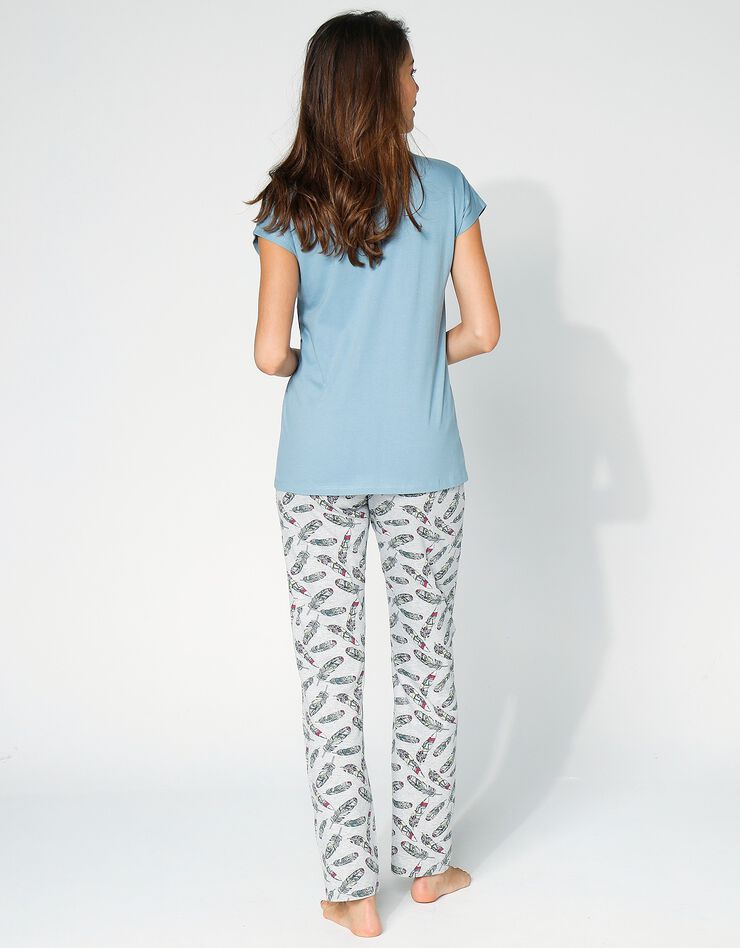 Pyjama coton imprimé "plumes" (bleu grisé / gris) Pyjama coton imprimé "plumes" (bleu grisé / gris)